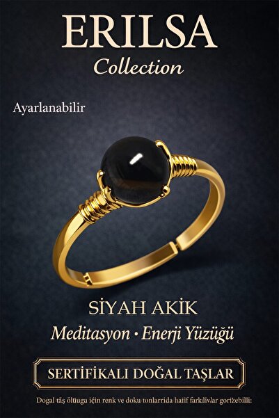 Erilsa خاتم حماية من الطاقة السلبية معتمد - حجر العقيق الأسود قابل للتعديل ذه...