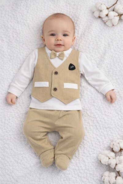 Pure Boutique Set bebelusi 2 piese bej, bumbac, vesta decorativa cu papion, t...