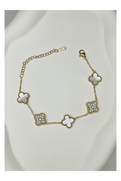 ATALYA ACCESSORY Yonca Modeli Gold Renk Beyaz ve Zirkon Taşlı Kadın Çelik Bil...
