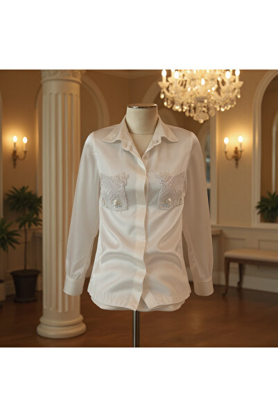 Borncelebs Luxury White Ivory Co-ord Set Silk Shirt With Exquisite Sequins Em...