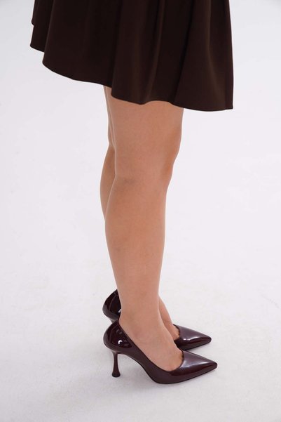 nuvilo Burgundy Patent Leather 9 cm Belted Pointed Toe Stiletto Thin Heel Women's Shoes