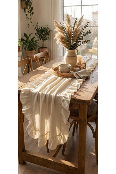 Komana Art Bej Keten Fırfırlı Runner 40x110 cm - Rustik Dekoratif Masa Örtüsü