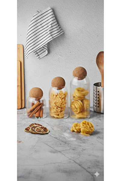 Dia Set of 3 Borosilicate Glass Jars with Cork Top Lids - Striped Luxury Spic...