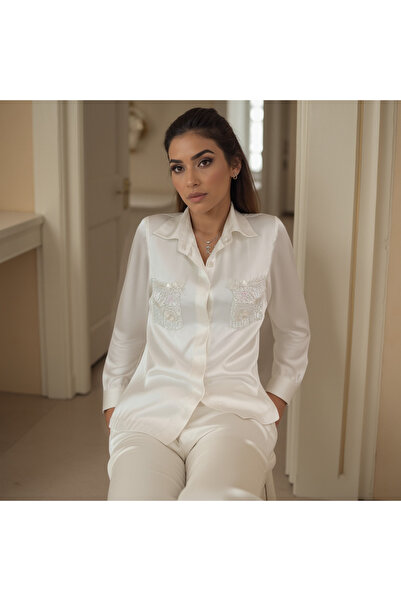 Borncelebs Luxury White Ivory Co-ord Set Silk Shirt With Exquisite Sequins Em...