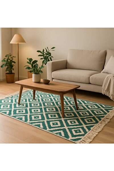 OEM Traditional rug, double-sided, size 80 x 125 cm green and cream geometric