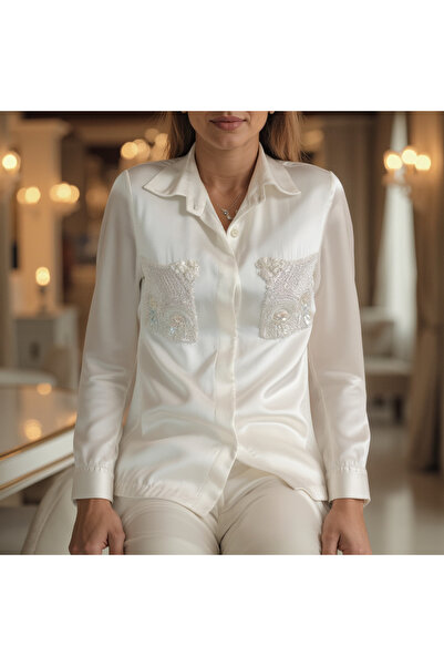 Borncelebs Luxury White Ivory Co-ord Set Silk Shirt With Exquisite Sequins Em...