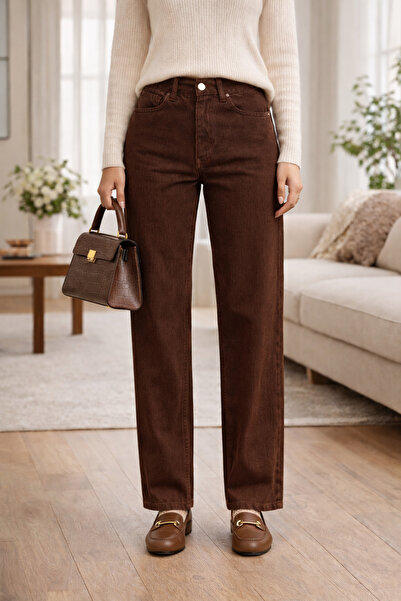 DELDNM Lina Women's High Waist Bitter Brown Wide Leg Palazzo Trend Jean