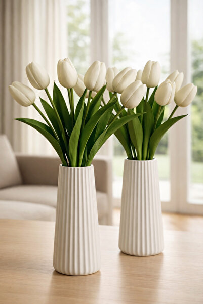 MorVilla 2’li Modern Minimalist Çizgili Vazo | Şık Beyaz Dekoratif Salon ve M...