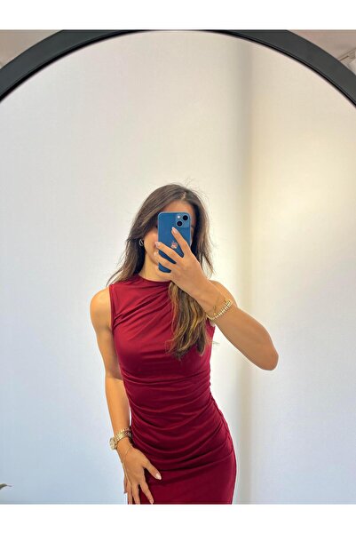 akya BORDO DRAPELİ SANDY KUMAŞ MİNİ ELBİSE