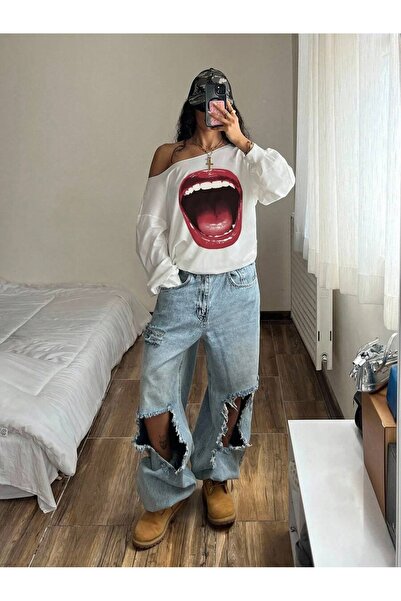 OVER HEAD Hanorac oversize pentru femei, cu imprimeu Lip Rock și guler tip bă...