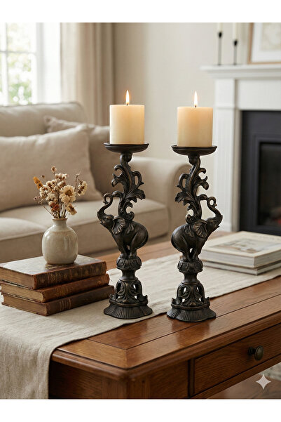 Dekoromi 2'li Klasik Filli Şamdan (36x12cm) El Boyaması Lüks Ev Dekorasyon Mu...