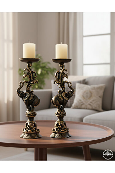 Dekoromi 2'li Klasik Filli Şamdan (36x12cm) El Boyaması Lüks Ev Dekorasyon Mu...