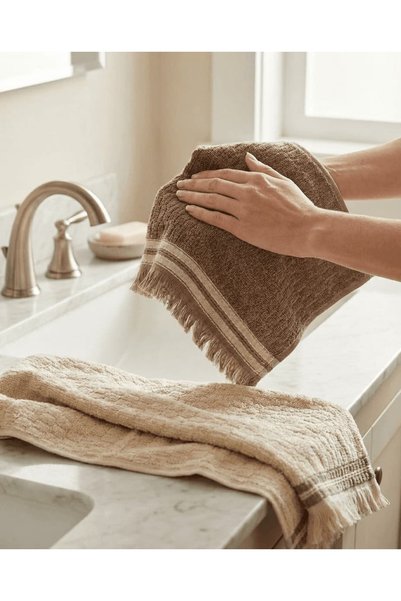 Plume Ceramic Home Plumehome Set of 4 Premium Fringed 100% Cotton Brown Cream Hand and Face Towel Set 2X30X50 2X50X80