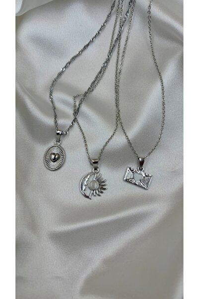 Eylülün Takısı Women's Silver Color 3-Piece Heart Necklace