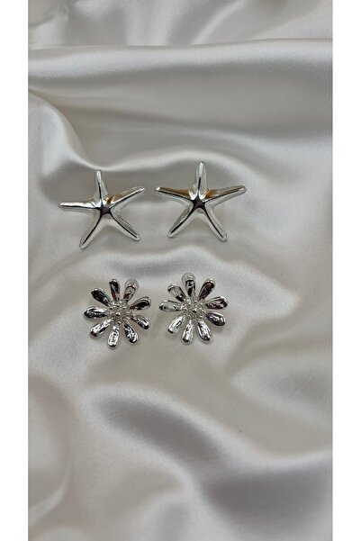 Eylülün Takısı Women's Silver Color Double Set Star and Daisy Earrings