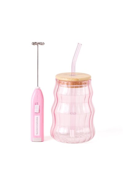 Midi Pink Ribbed Glass Cup with Wooden Lid and Straw + Foam Maker