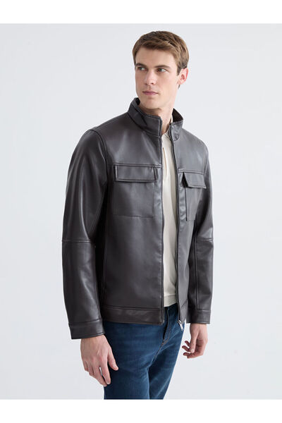 LC Waikiki Brown Standard Fit Mock Neck Men's Leather-Look Jacket