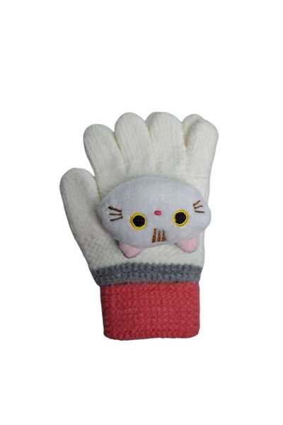 Kitti Spteks 4-8 Yaş Kız Çocuk Krem Renk Kedi Figürlü Kışlık Örme Eldiven