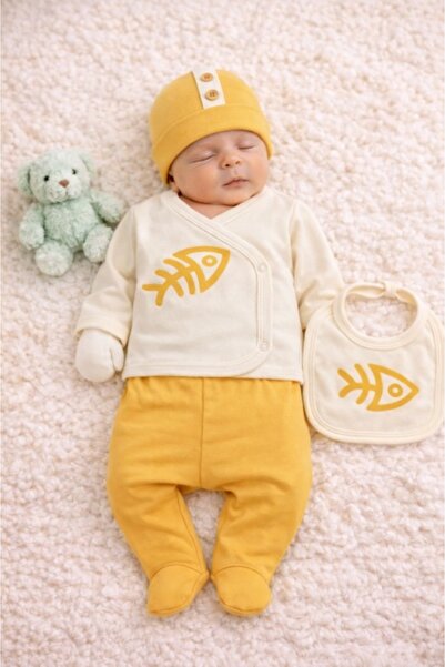 Superbaby Set Serde Baby cu imprimeu pești – 5 piese din bumbac, galben