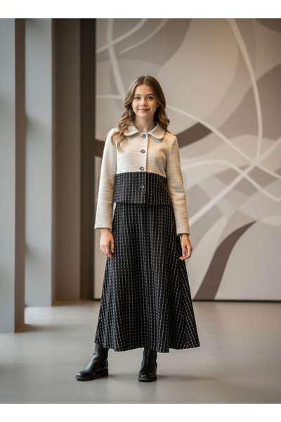 STYLENEST Girl's Ecru Black Long Skirt Jacket-Look Stylish Suit