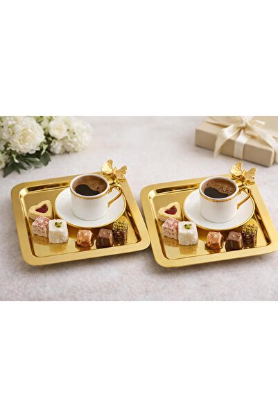 ENYAZA(2024) 2'Li Gold Kelebekli Kare Kahve Sunum Tepsisi Dekoratif Tepsi