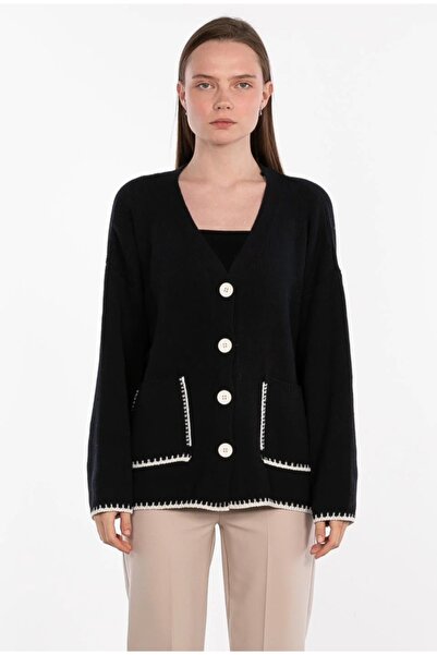 EAS GİYİM Shepherd's Stitch Detailed Buttoned Knit Cardigan