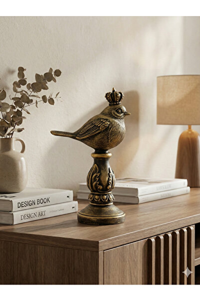Dekoromi Dekoratif Taçlı Kuş Biblo (18x10cm) Masa Raf Ünite Dresuar Üzeri Dek...
