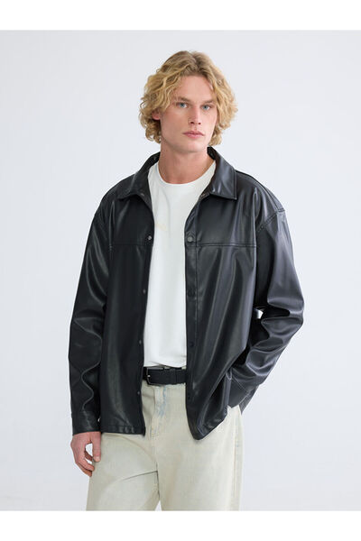 LC Waikiki Jachetă cămașă pentru bărbați, neagră, confortabilă, aspect de piele