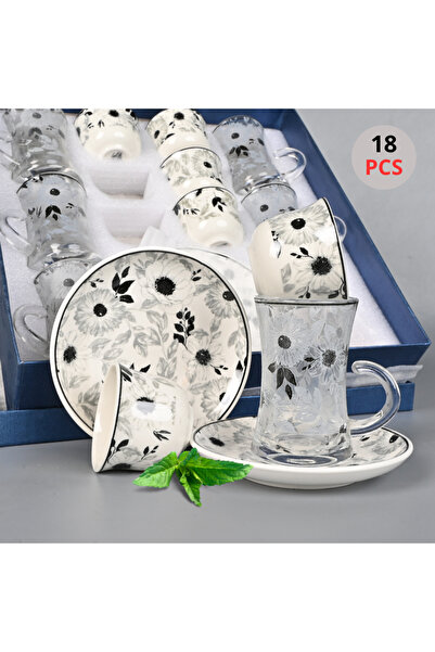 Generic Luxury 18-piece glass and ceramic tea set (6 teacups, 6 cups, 6 sauce...