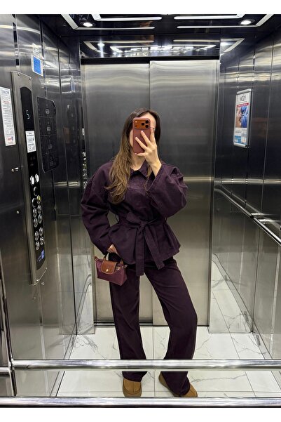 RAVİ Bordo belden bağlamalı denim takım