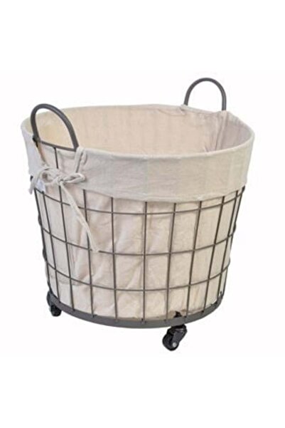 Aneliz Metal Basket with Ecru Fabric & Wheels Ø40 x 30 cm