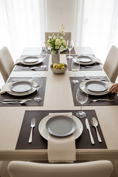 RAVZADERİ 6 Kişilik 12 Parça Dikdörtgen Kahverengi Deri Amerikan Servis Supla...