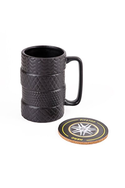 Midi Ceramic Mug with Tire Design and Coaster