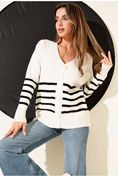 EAS GİYİM Striped Oversized Pocket Buttoned Cardigan