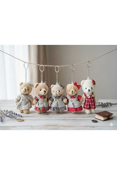 Şirin 5'li Vintage Elbiseli Peluş Ayıcık Anahtarlık - Çiçekli ve Kareli Çanta...