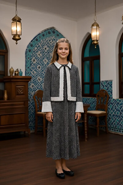 STYLENEST Girls' Coat and Dress Set Black and White Jacquard Long Sleeve Styl...