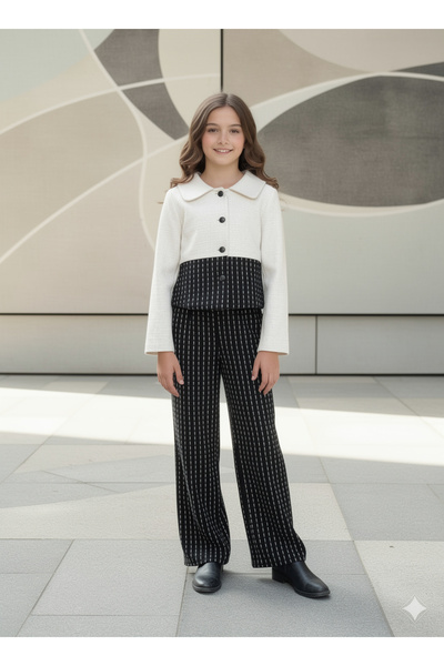 STYLENEST Girl's Black and White Contrast Detailed Knitted Set – Wide Leg Pan...