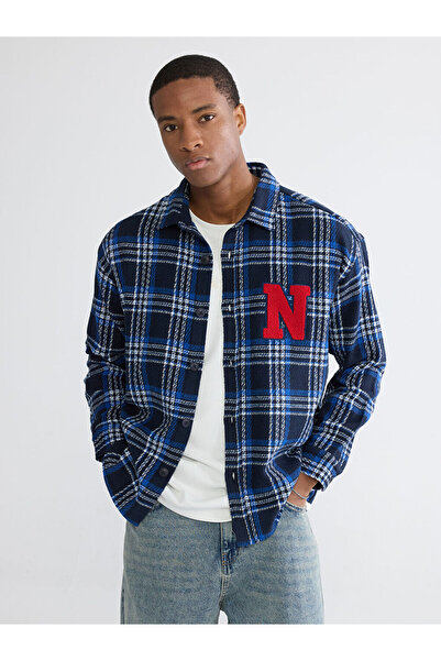 LC Waikiki Jachetă cămașă pentru bărbați în carouri, albastru bleumarin, cu p...