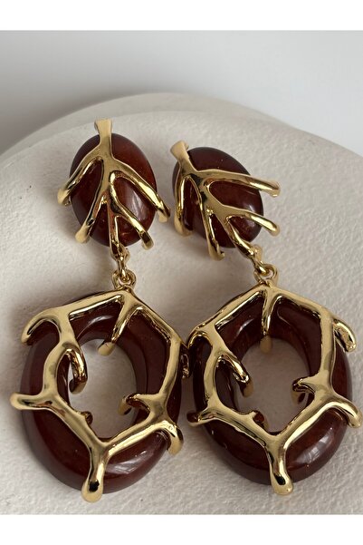 BHR AKSESUAR Gold Brown Dangle Earrings (7 cm)