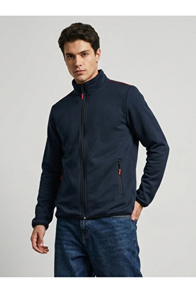 DKECCI Lacivert Basic Fermuarlı Dik Yaka Hırka Üç İplik Şardonlu Unisex