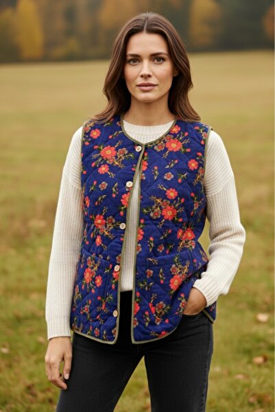 güzsokak17 Kapitoneli mavi Çiçekli Pazen Yelek (KISA)