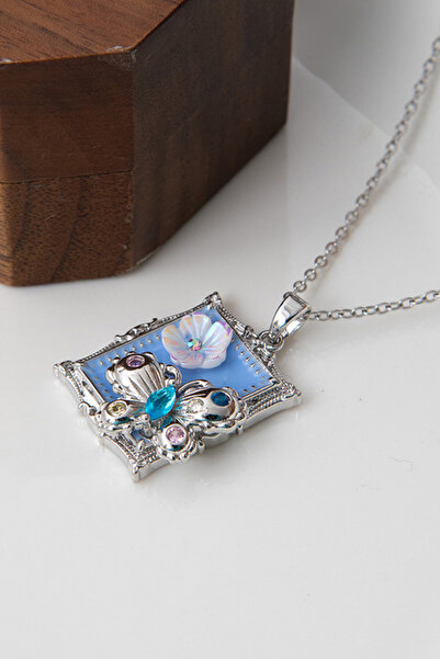 Parantez Aksesuar Artistic Frame Steel Necklace with Butterfly and Flower Detail