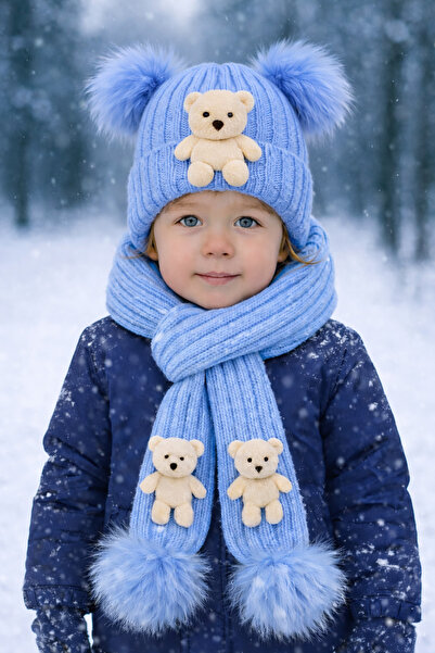 ues Tri-Kot Scarf Hat with Blue Bear and Pompons