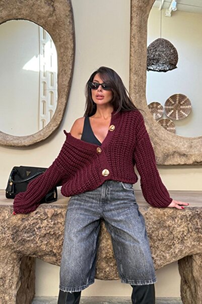 Auroveen Oversized Big Button Detailed Thick Knitwear Cardigan Av3806