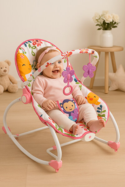 LEAN Balansoar 2 în 1 ROZ cu flori, vibrații, muzică și jucării suspendate