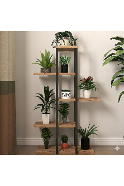 EVİMCE MOBİLYA Çiçeklik 5 Raflı Saksılık Dekoratif 5 Raflı Metal Ahşap Saksıl...