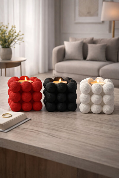 BB Craft 3’lü Bubble Mumluk Seti | Kırmızı Siyah Beyaz | Modern Dekoratif Mumluk