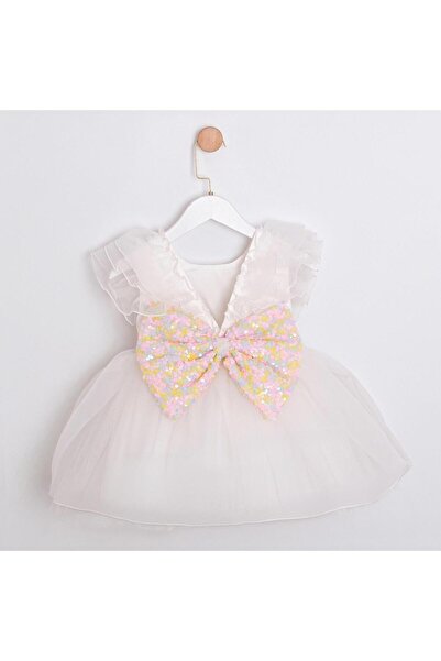 ministok White Sequined Dress with Bow on the Back