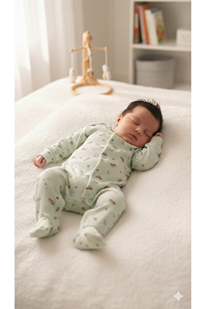 Baby Mint Yeşili Fitilli Araba & Pati Desenli Patikli Bebek Tulum (3–6 Ay)