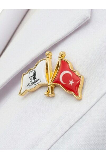 modamira Altın Rengi Atatürk ve Türk Bayrağı Yaka Rozeti